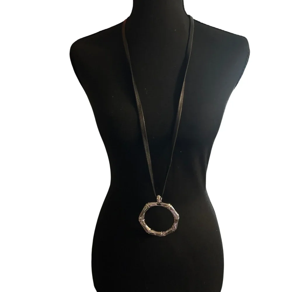 Chico's Silver Tone Bamboo Ring Pendant Long‎ Black Cord Necklace Modernist